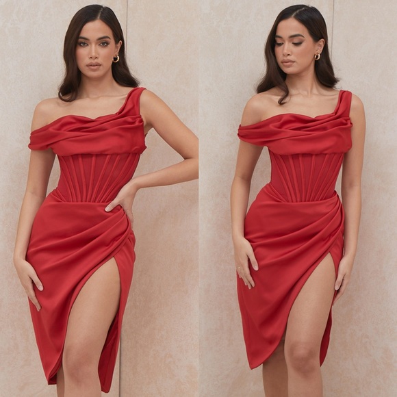 HOUSE OF CB 'Lulu' Red Asymmetric Drape Midi Corset Dress - Picture 2 of 10